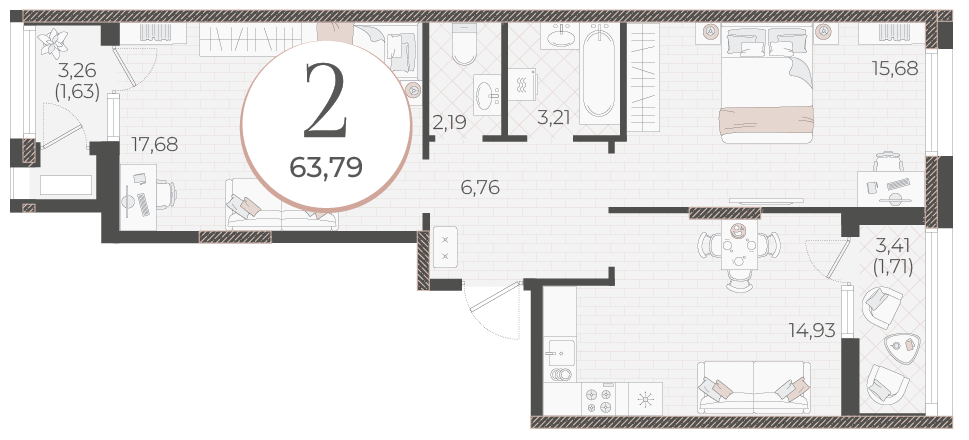 Планировка 2-комнатная 63,79 м²