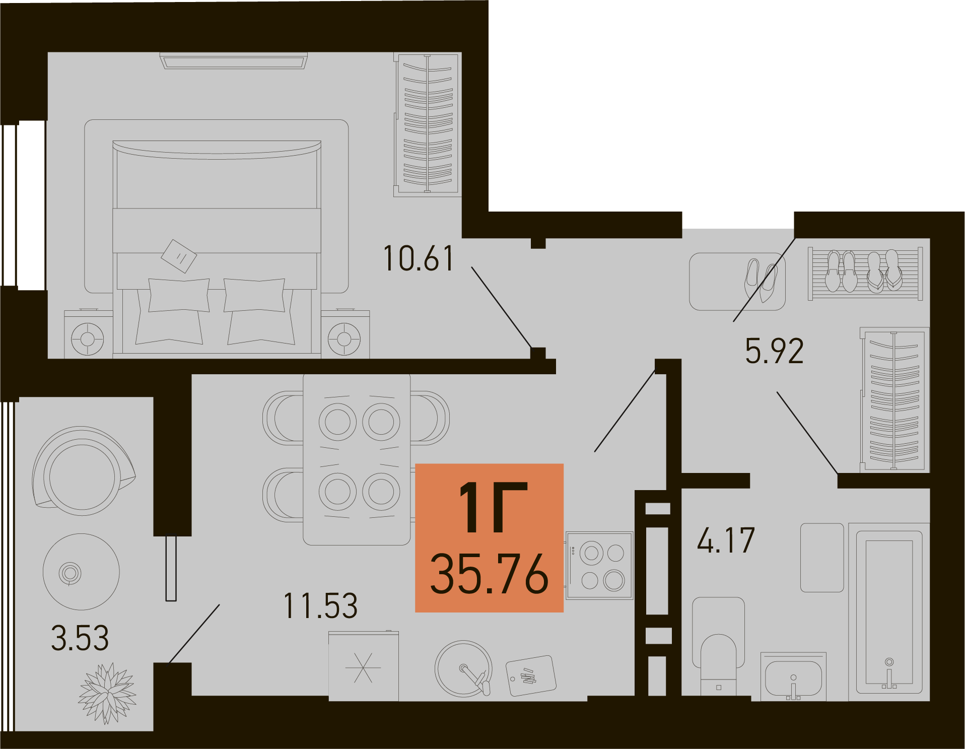 Планировка 1-комнатная 35,76 м²