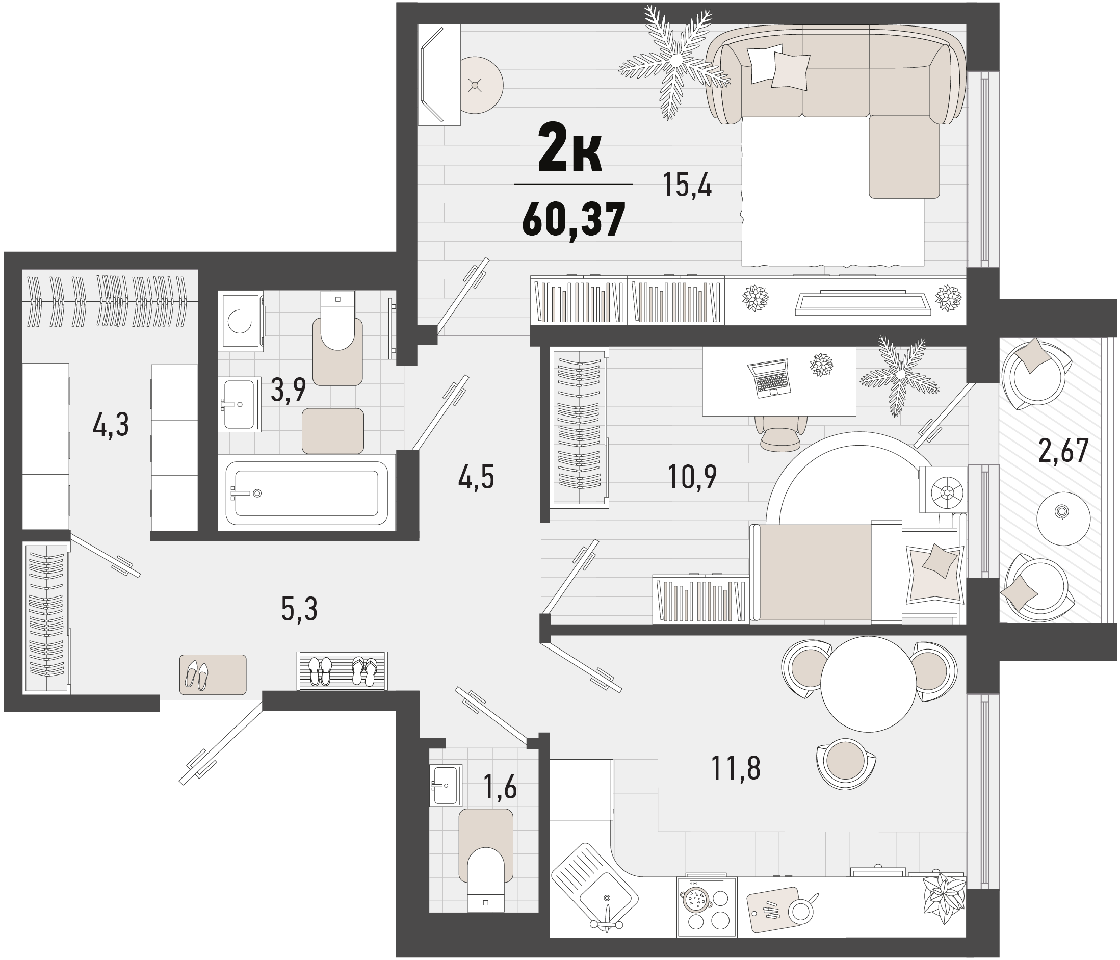 Планировка 2-комнатная 60,37 м²