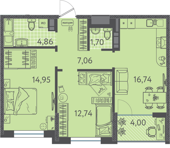 Планировка 2-комнатная 58,95 м²