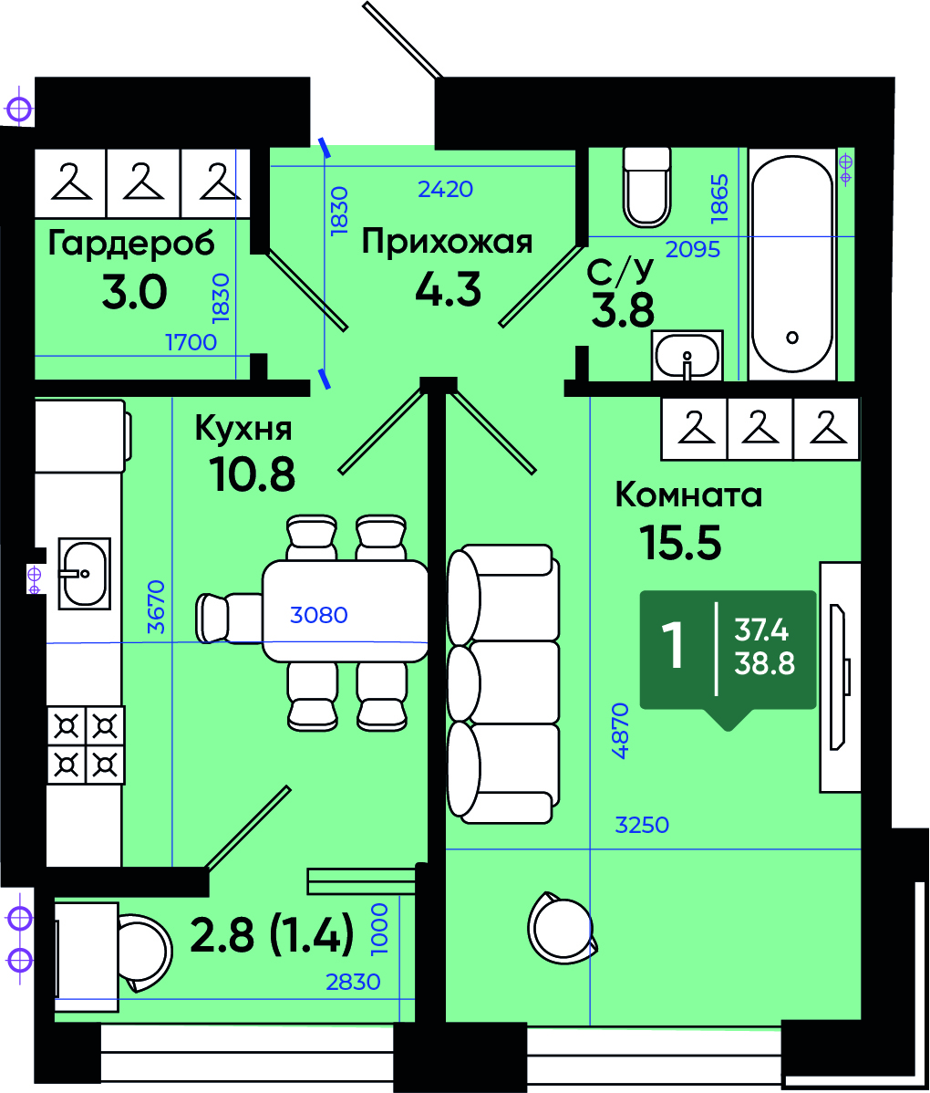 Планировка: 1-комн. квартира 39 м²