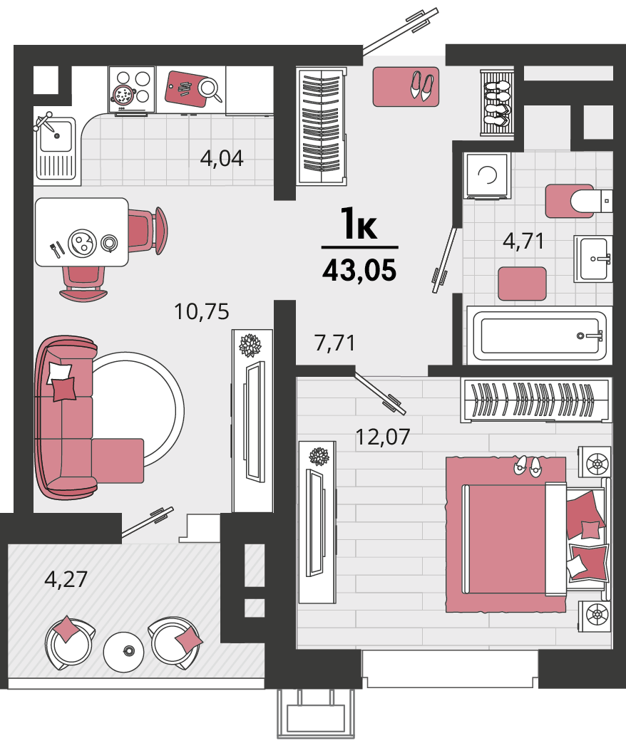 Планировка 2-комнатная 43,05 м²