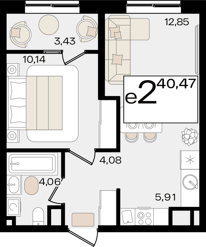 Планировка 2-комнатная 40,47 м²