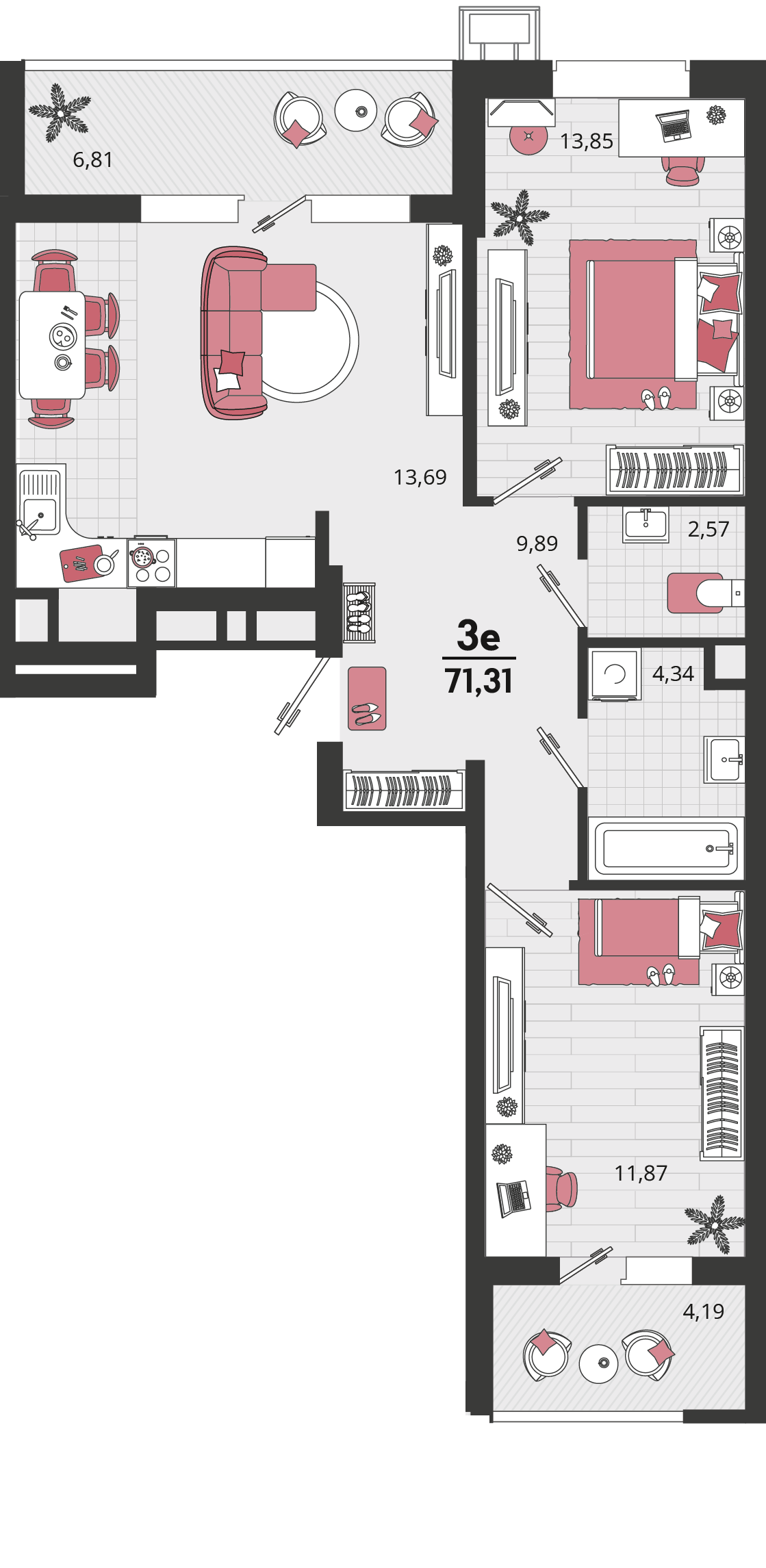 Планировка 3-комнатная 71,31 м²