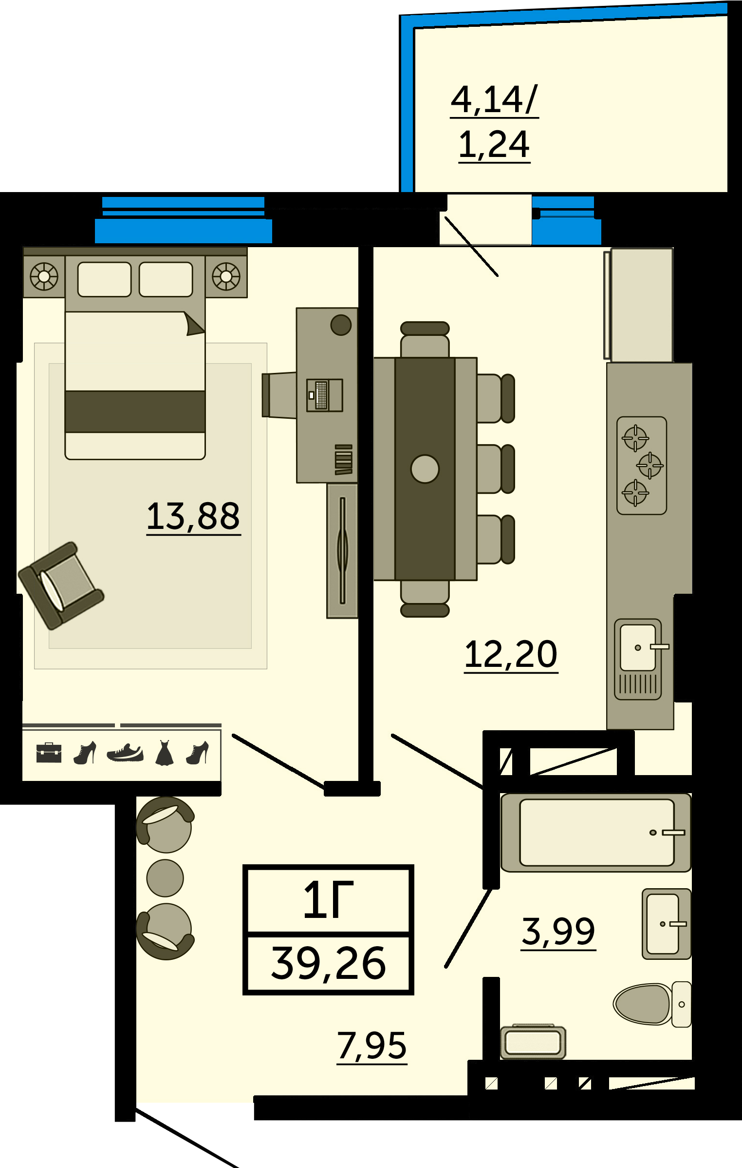 Планировка 1-комнатная 39,1 м²
