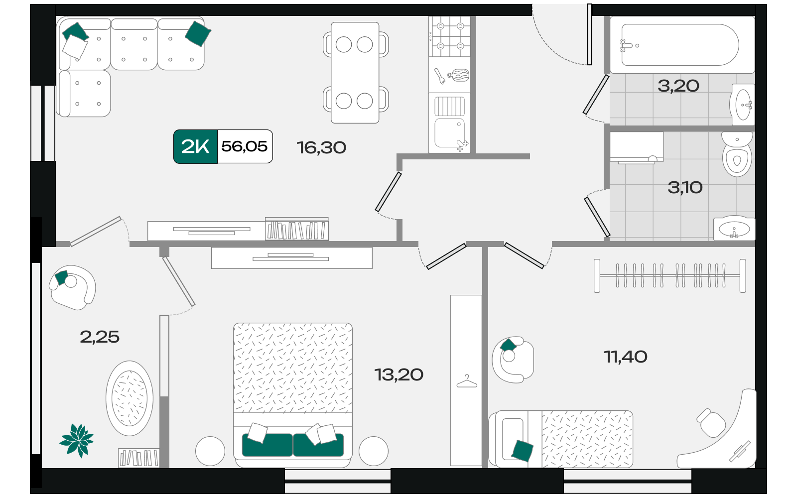 Планировка 2-комнатная 56,05 м²