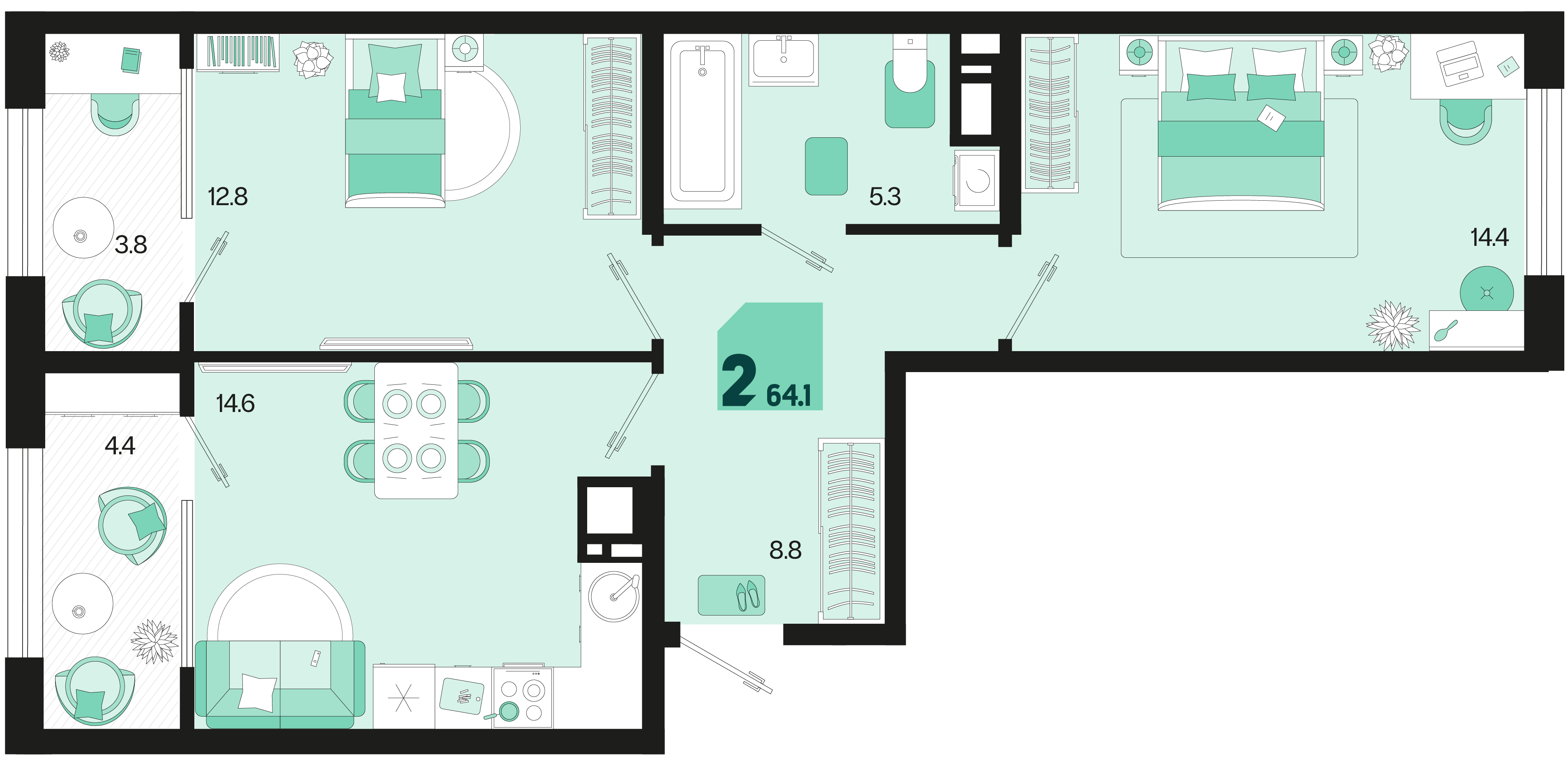 Планировка 2-комнатная 64,1 м²