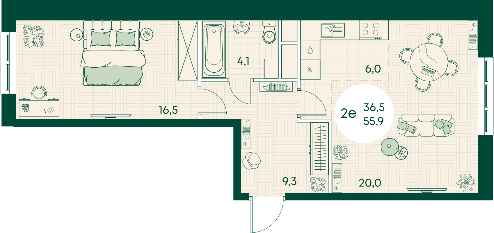 Планировка: 2-комн. квартира 55,9 м²