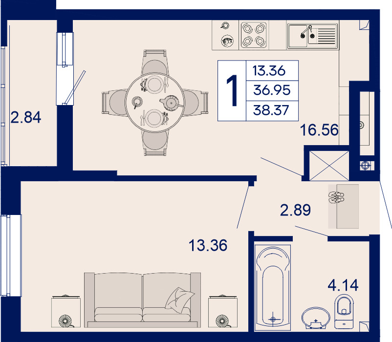 Планировка: 1-комн. квартира 38,3 м²