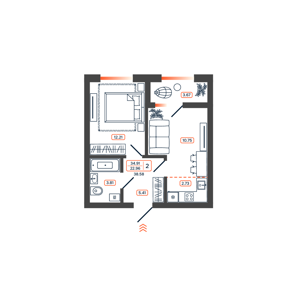 Планировка: 2-комн. квартира 38,6 м²