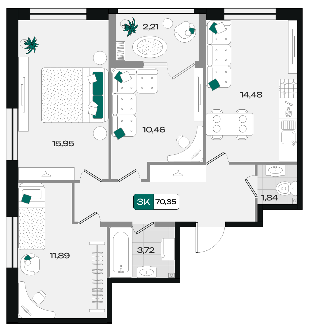 Планировка 3-комнатная 70,35 м²