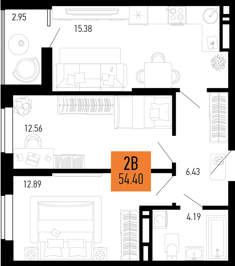 Планировка 2-комнатная 54,4 м²