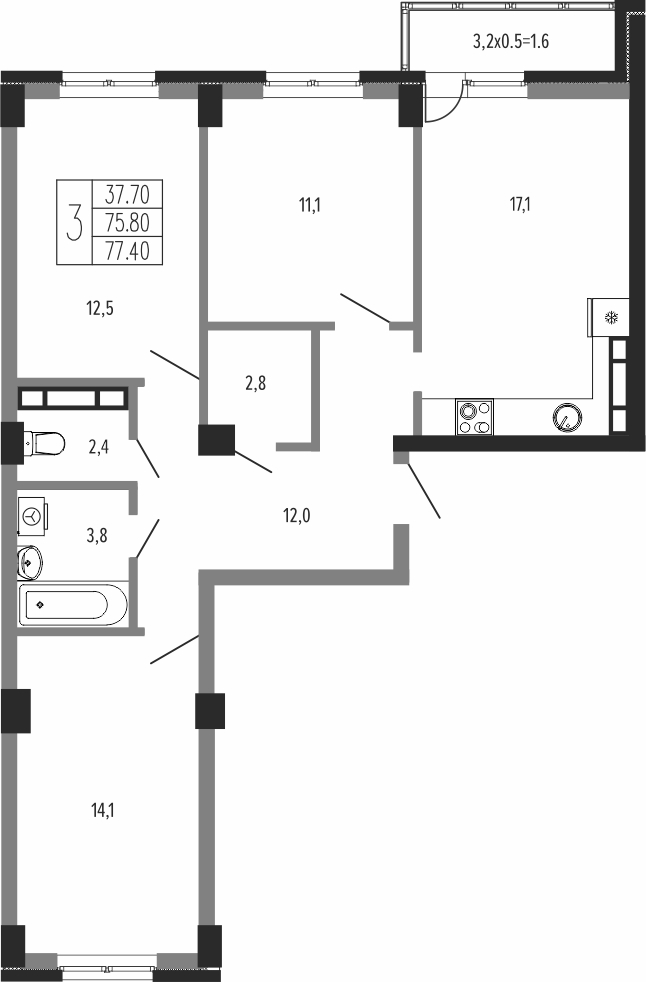 Планировка: 3-комн. квартира 78,6 м²