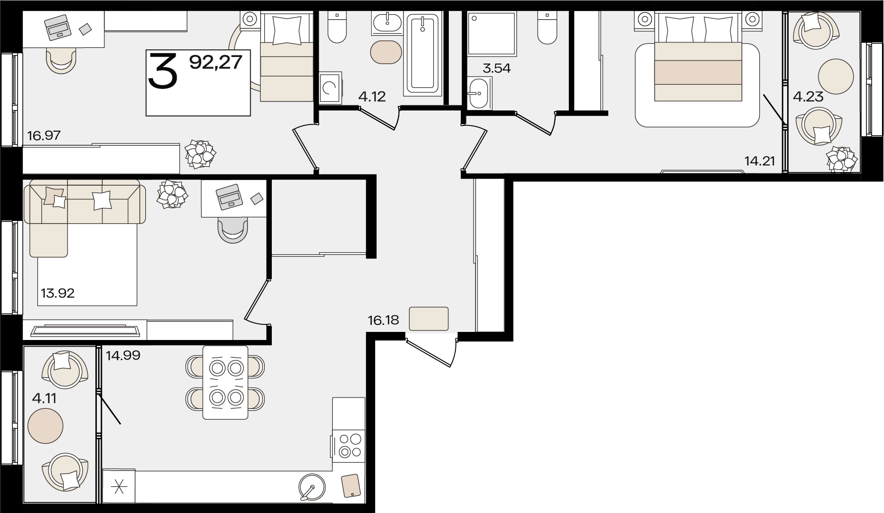 Планировка 3-комнатная 92,27 м²