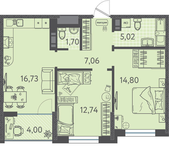 Планировка 2-комнатная 59,2 м²