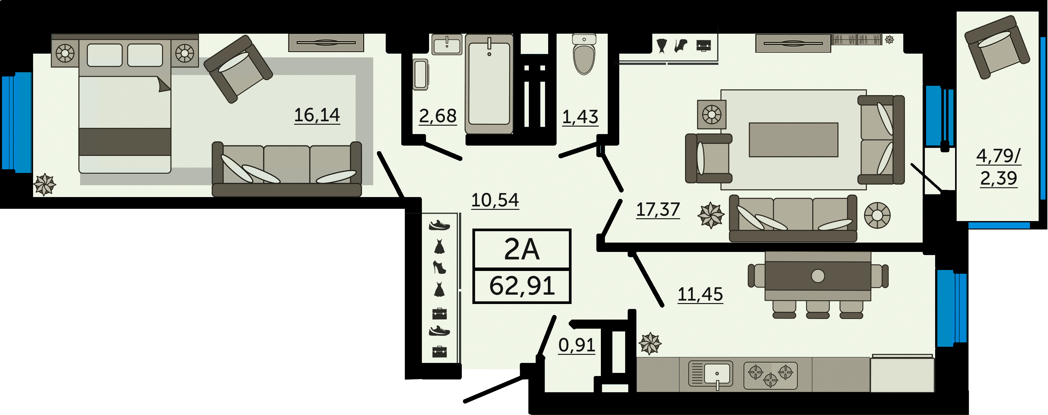 Планировка 2-комнатная 62,91 м²