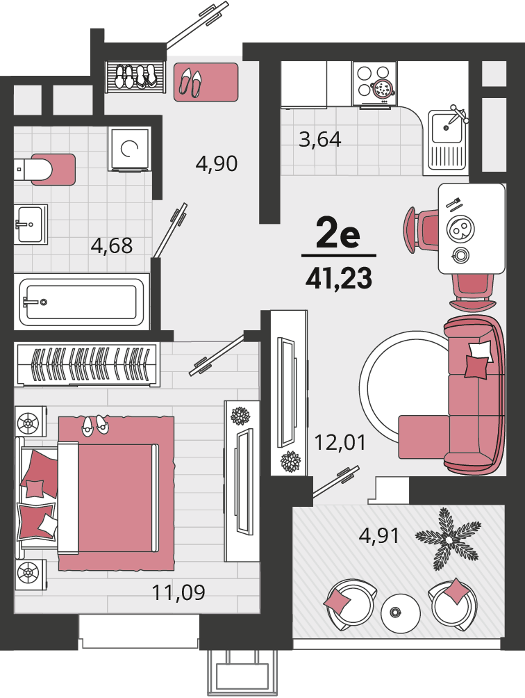 Планировка 2-комнатная 41,23 м²