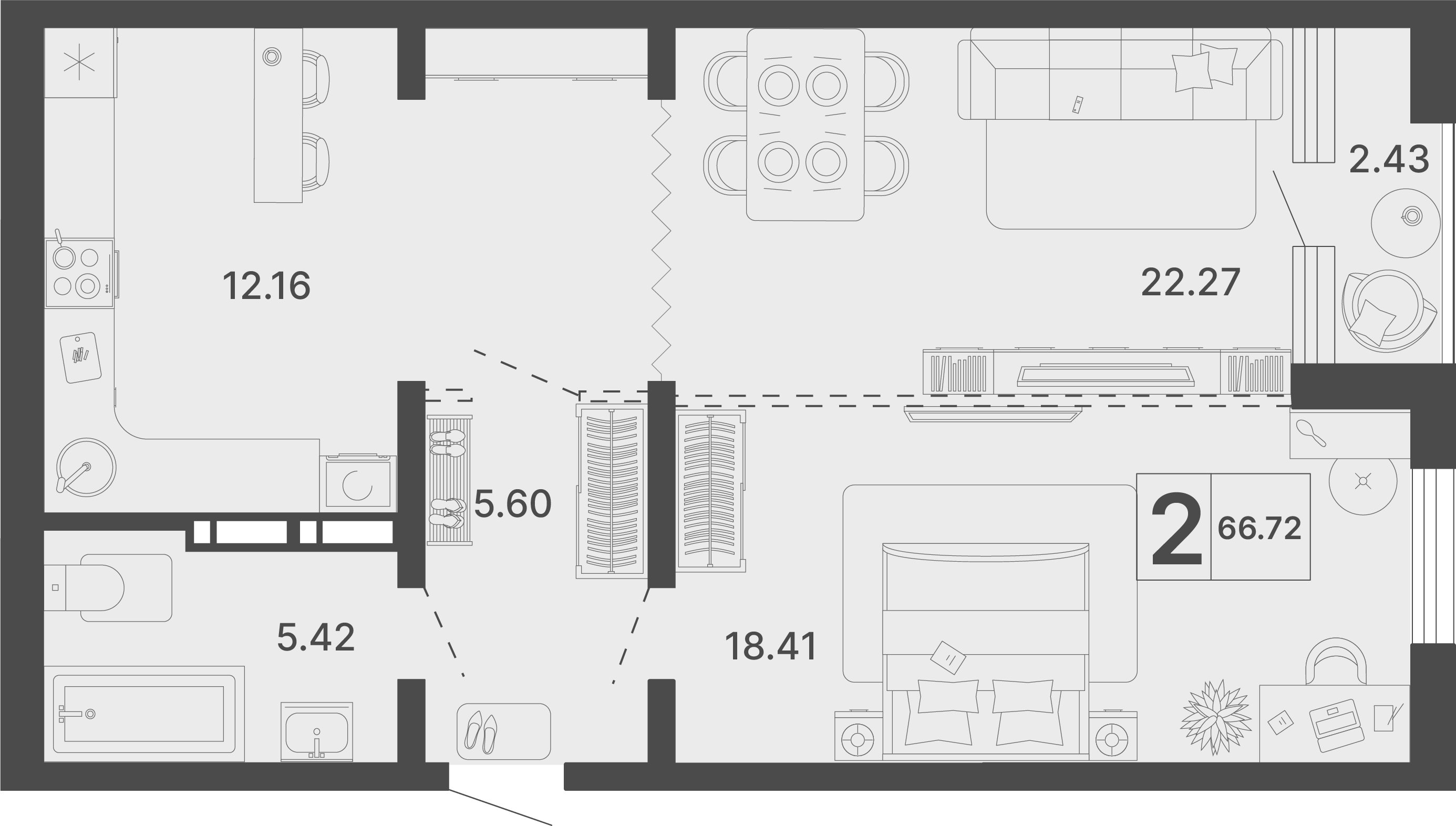 Планировка 2-комнатная 66,29 м²