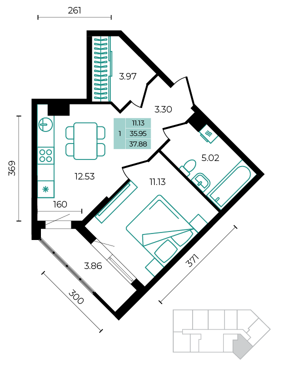 Планировка: 1-комн. квартира 37,9 м²