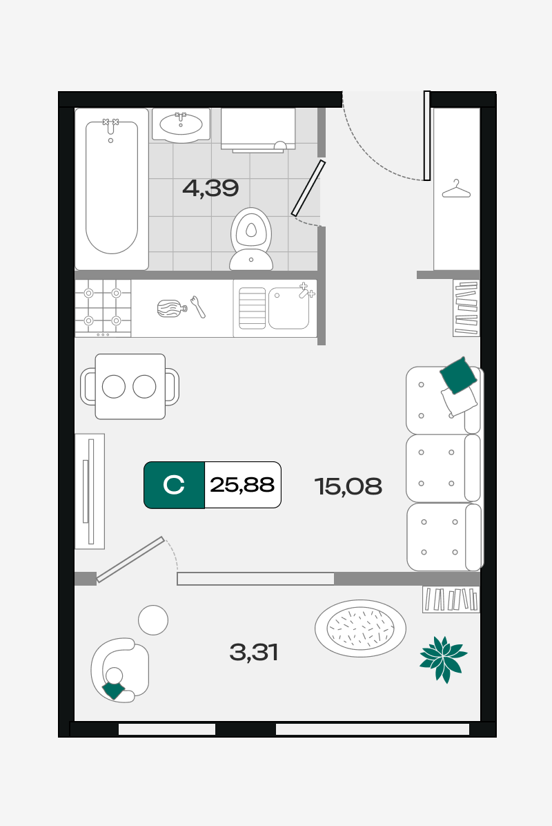 Планировка: Студия 25,9 м²