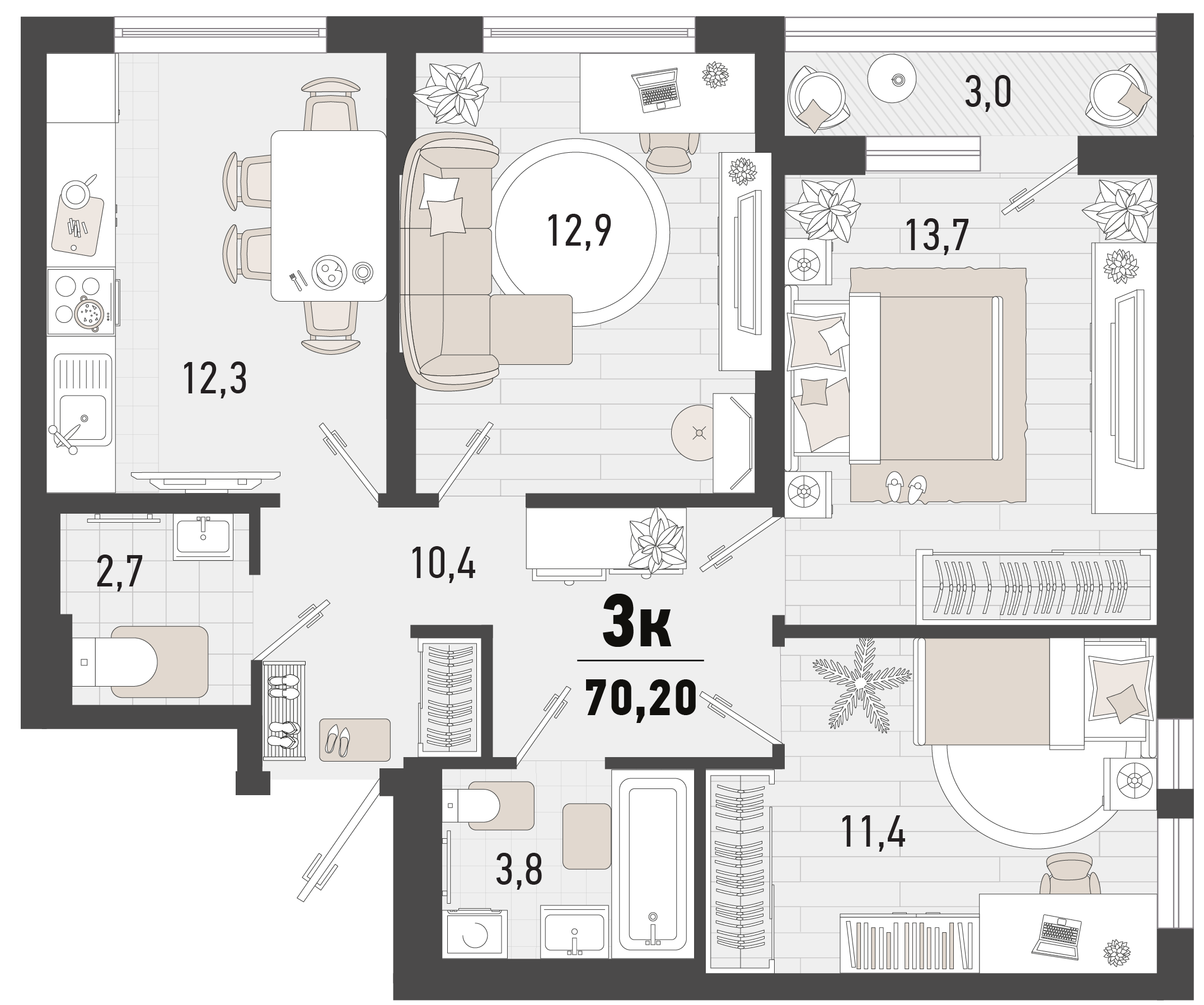Планировка 3-комнатная 70,2 м²