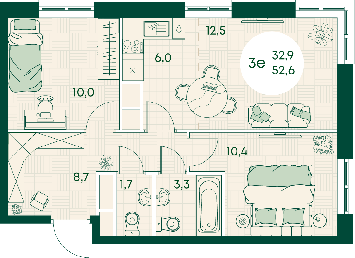 Планировка 3-комнатная 52,6 м²