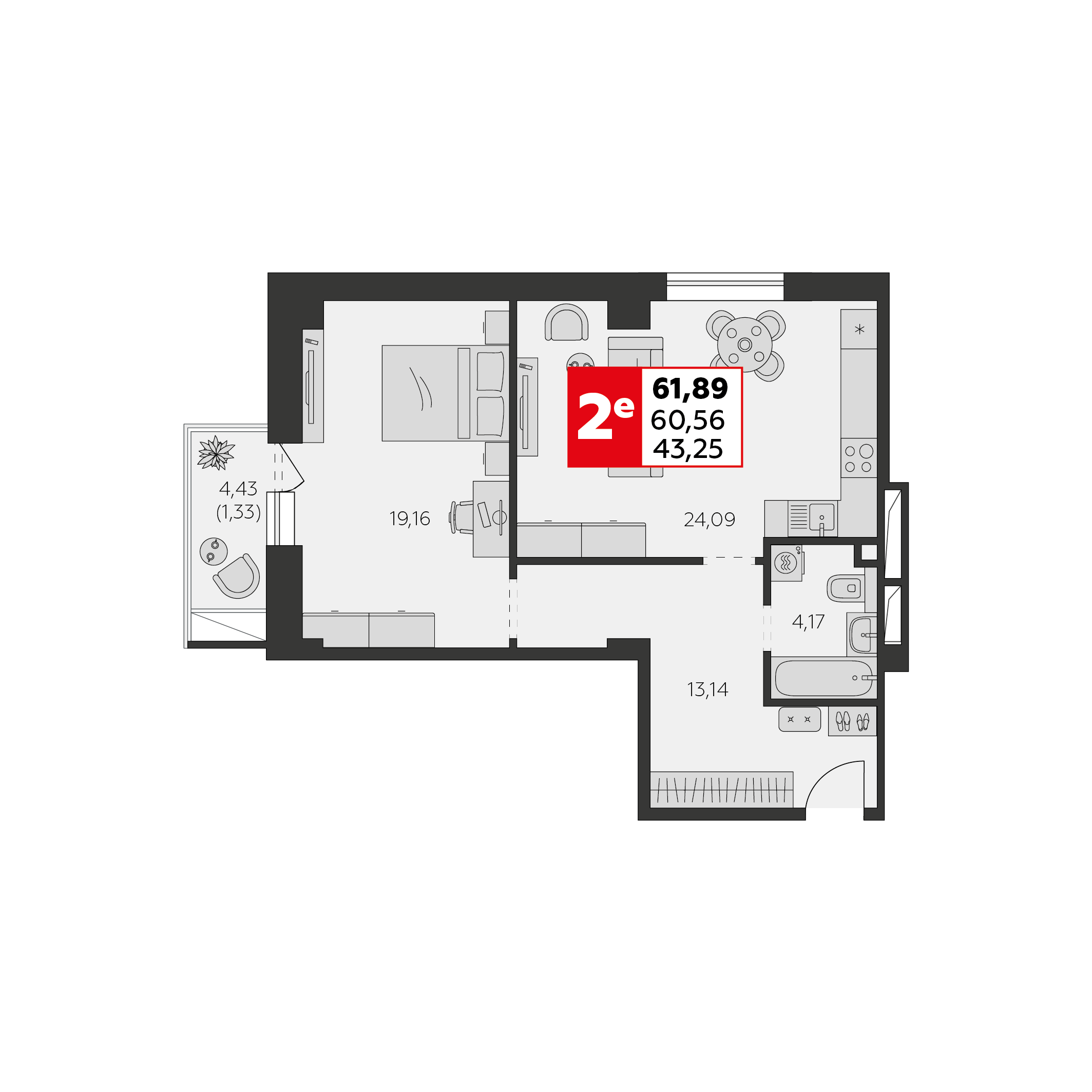 Планировка 2-комнатная 61,89 м²