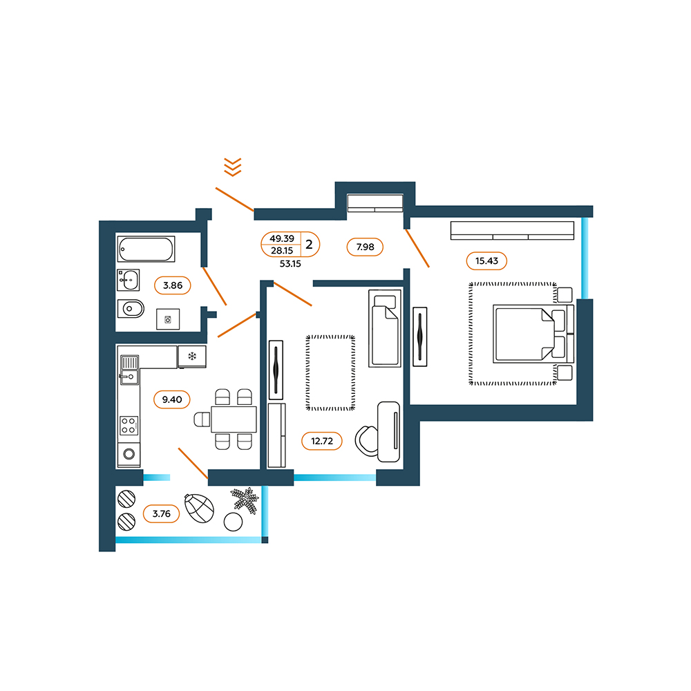 Планировка: 2-комн. квартира 54,2 м²