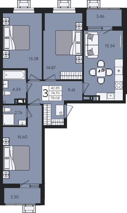 Планировка 3-комнатная 78,08 м²