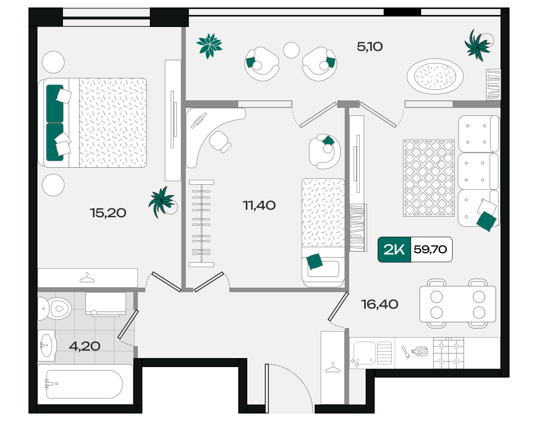 Планировка: 2-комн. квартира 59,7 м²