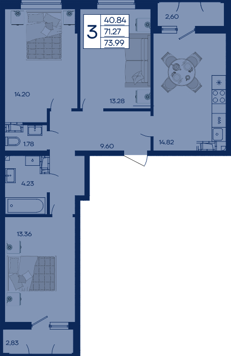 Планировка: 3-комн. квартира 74 м²