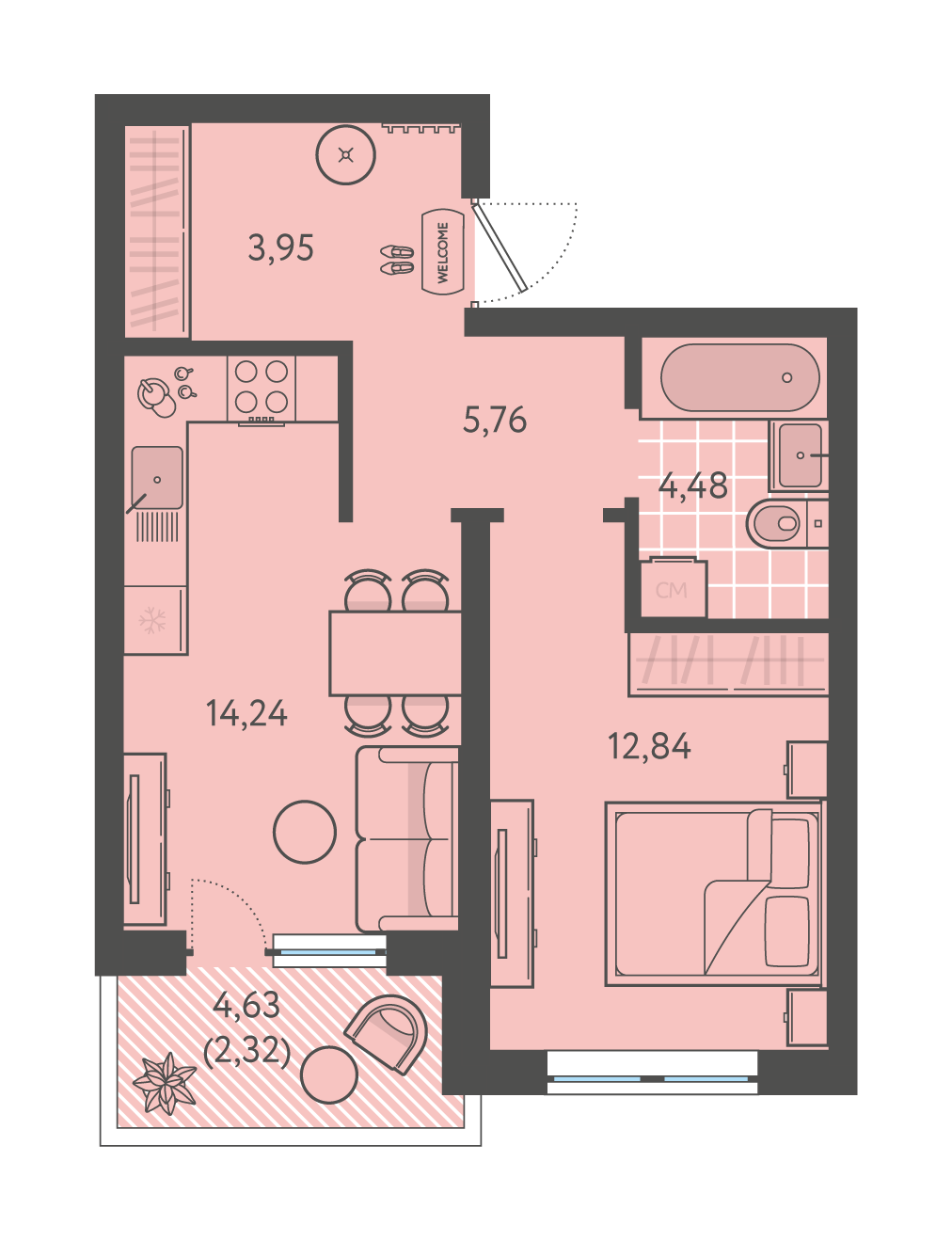 Планировка: 1-комн. квартира 43,6 м²