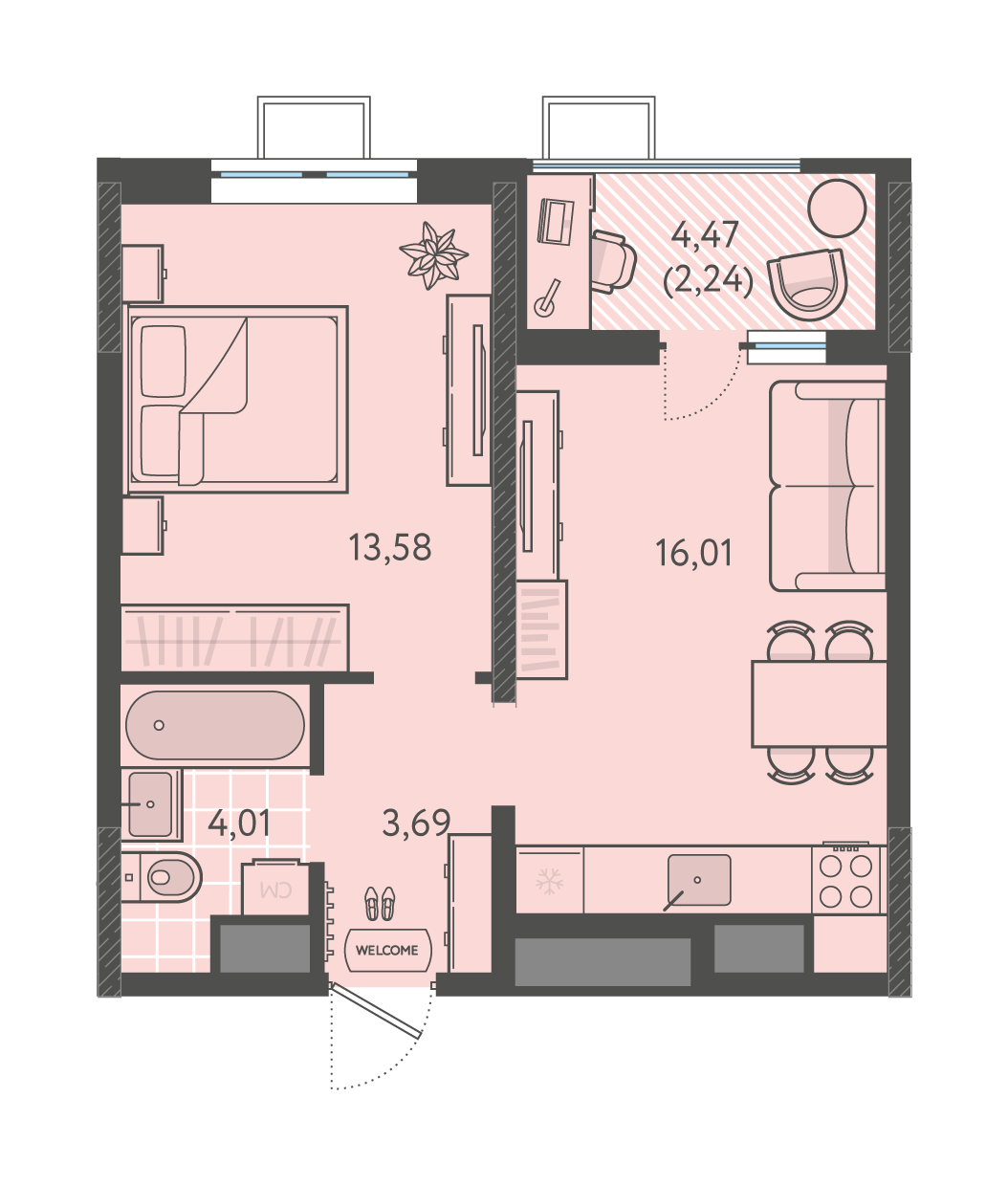 Планировка: 1-комн. квартира 39,5 м²