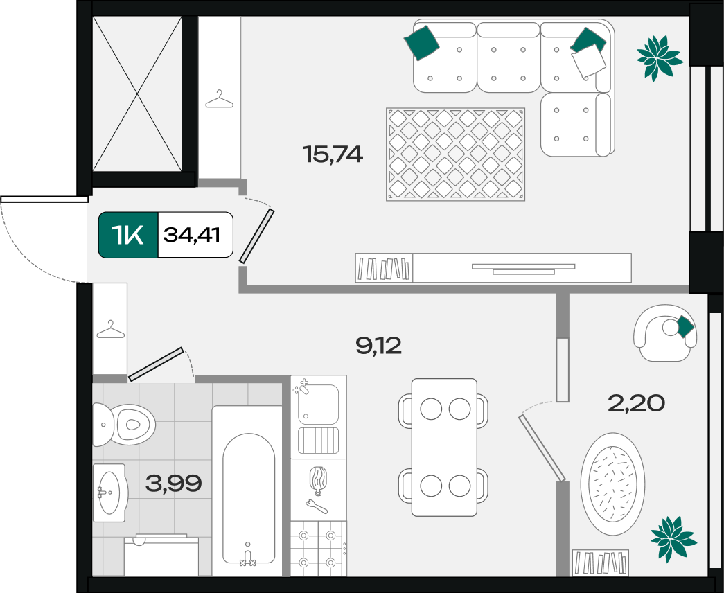 Планировка: 1-комн. квартира 34,4 м²
