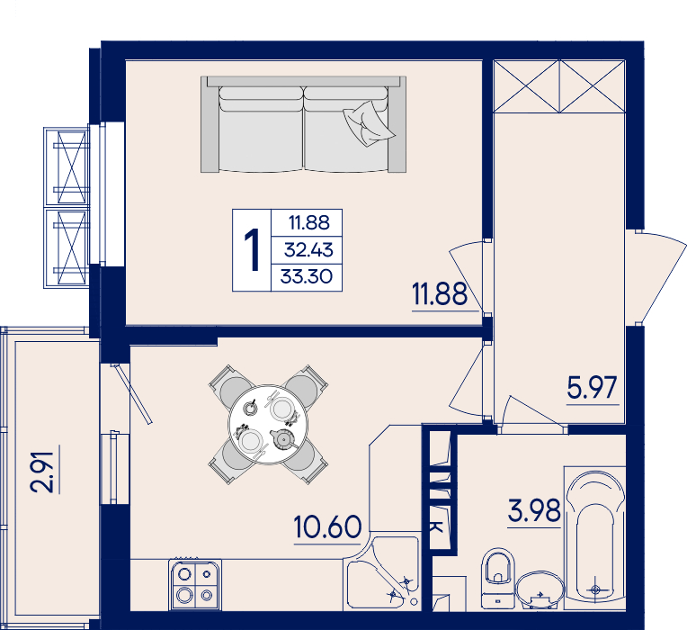 Планировка: 1-комн. квартира 33,3 м²