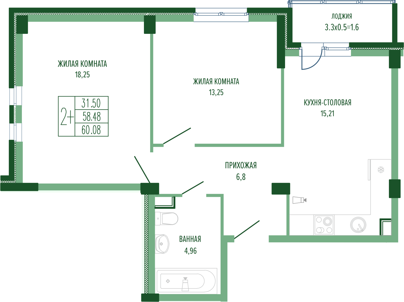 Планировка: 2-комн. квартира 62,1 м²