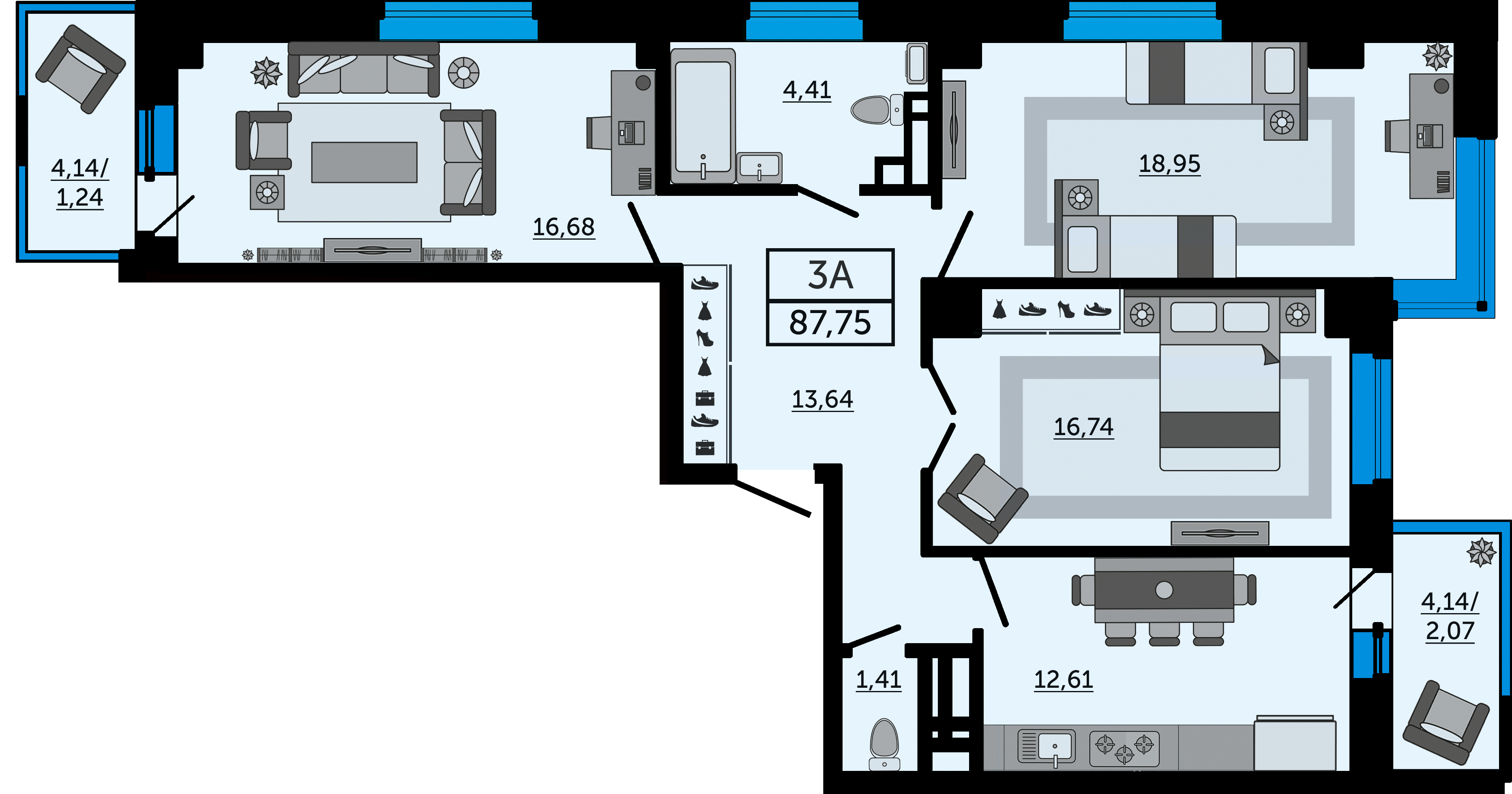 Планировка 3-комнатная 87,75 м²