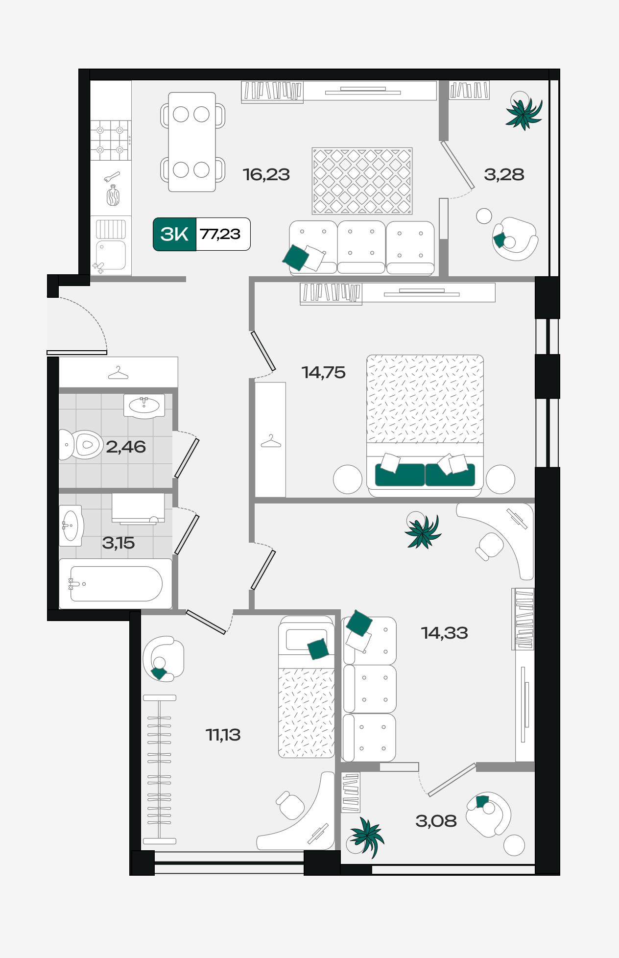Планировка: 3-комн. квартира 77,2 м²