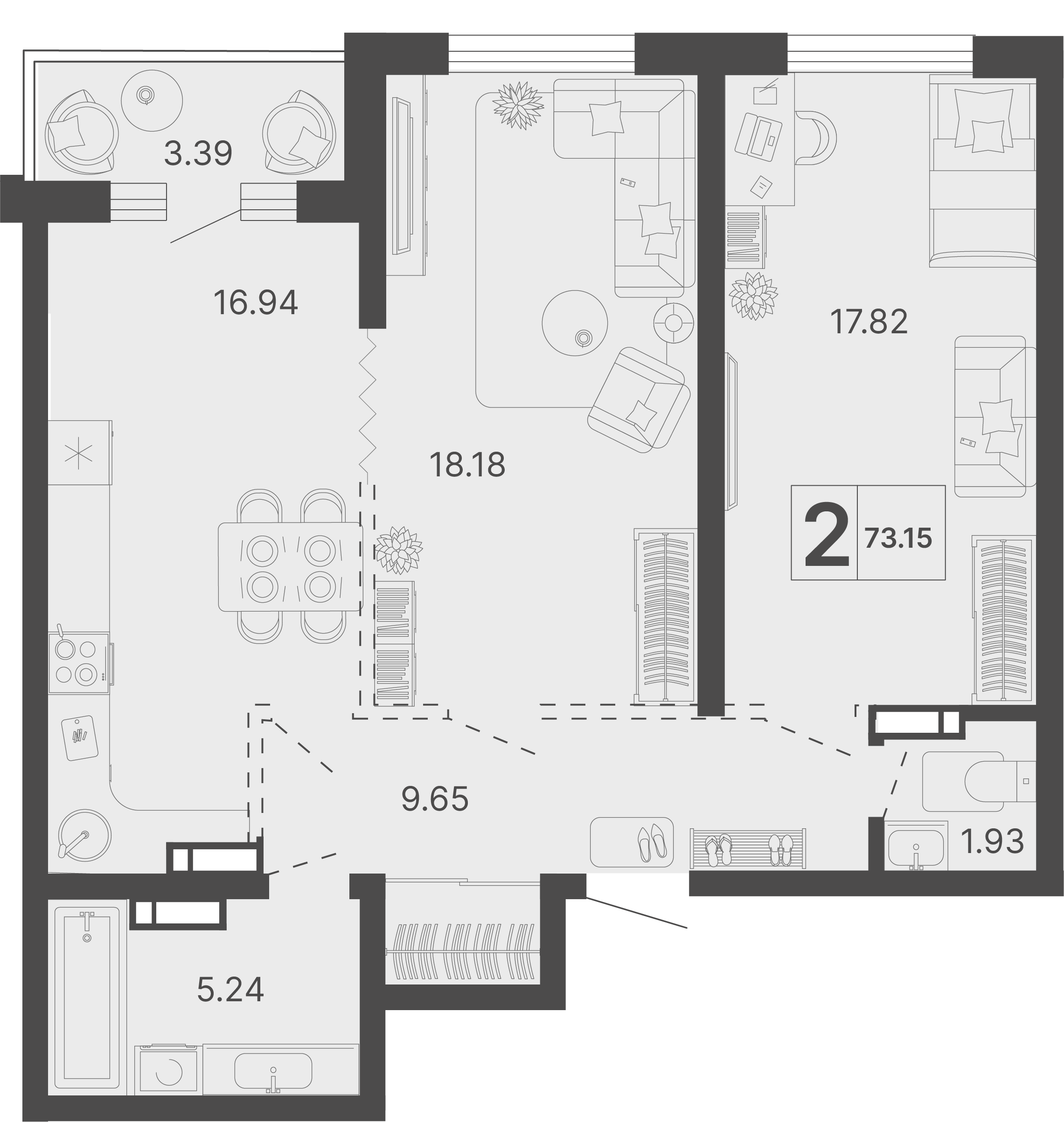 Планировка 2-комнатная 73,15 м²