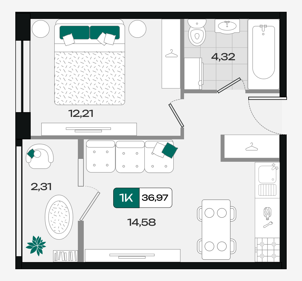 Планировка: 1-комн. квартира 37 м²