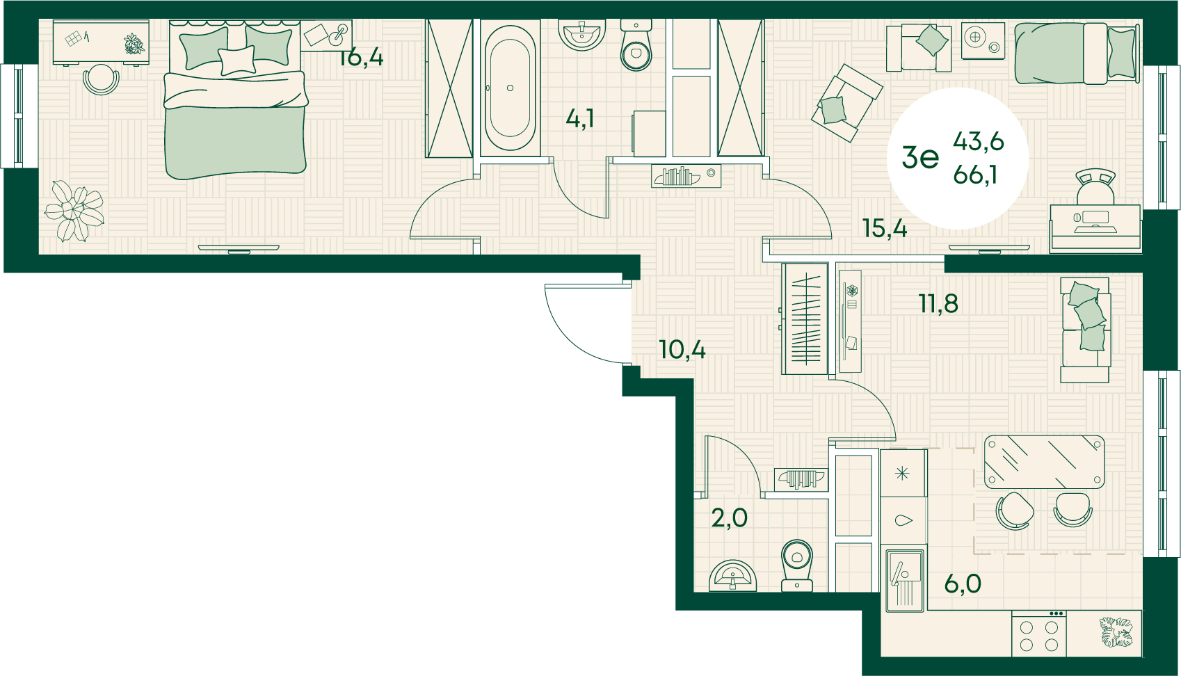 Планировка 3-комнатная 66,1 м²