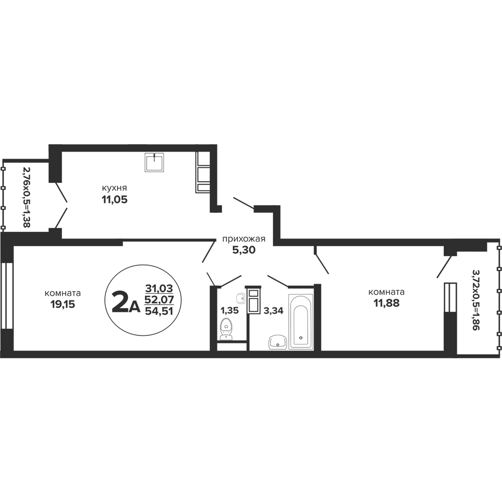 Планировка 2-комнатная 55,9 м²