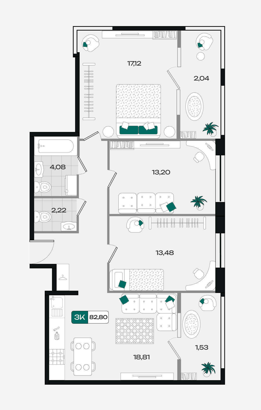 Планировка: 3-комн. квартира 82,8 м²