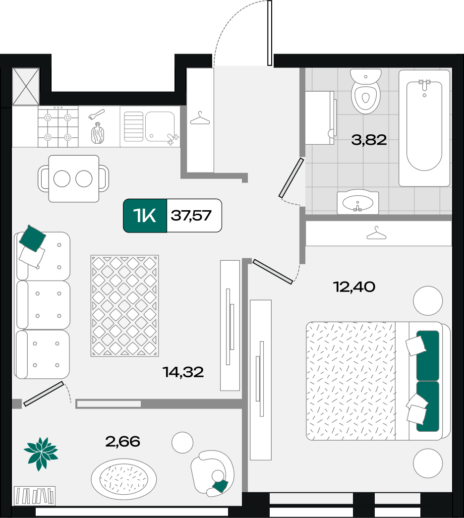 Планировка: 1-комн. квартира 37,6 м²