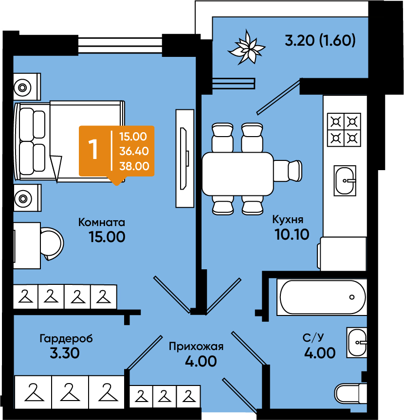 Планировка: 1-комн. квартира 38 м²