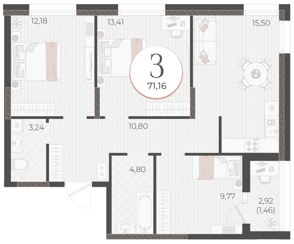 Планировка 3-комнатная 71,16 м²