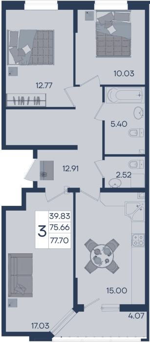 Планировка: 3-комн. квартира 77,7 м²
