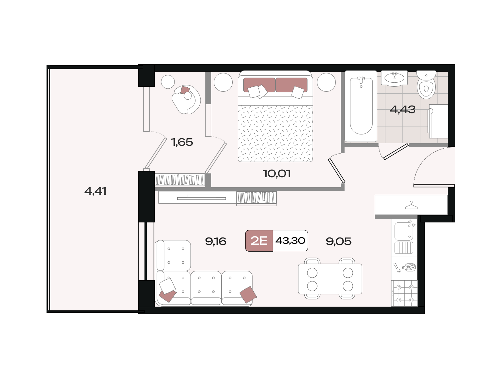 Планировка 2-комнатная 43,3 м²