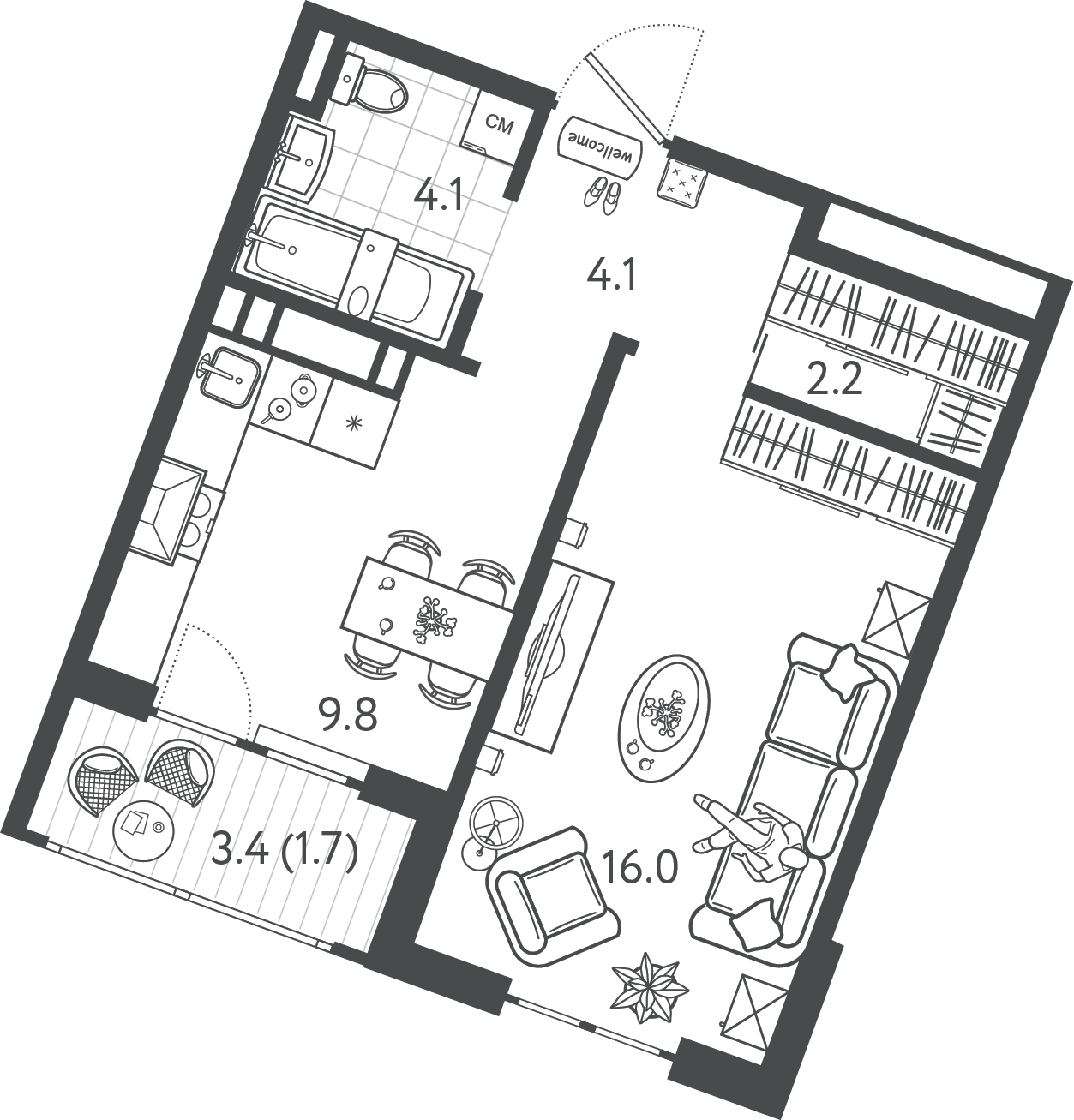 Планировка 1-комнатная 37,25 м²