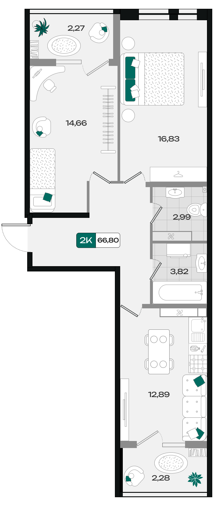 Планировка: 2-комн. квартира 66,8 м²
